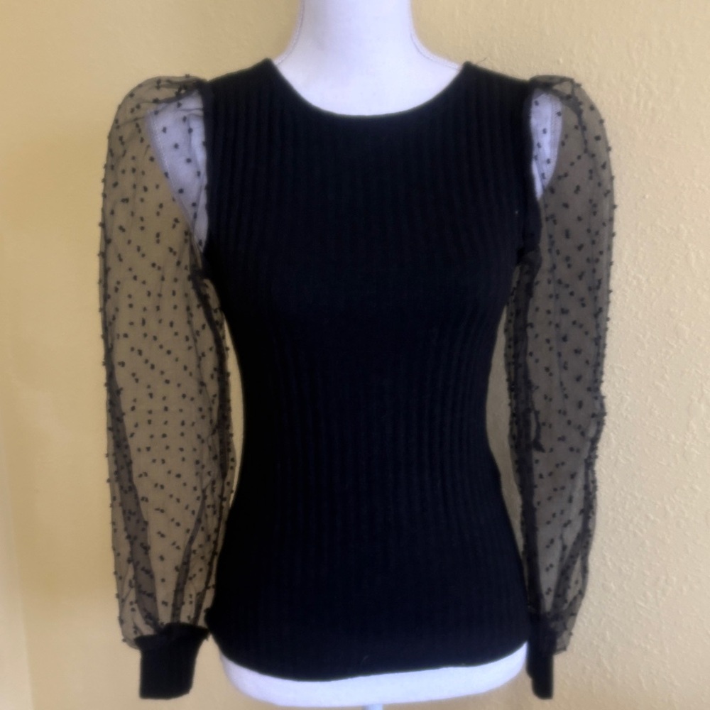 Sheer Polka Dot Puff Sleeve Black Knit Top